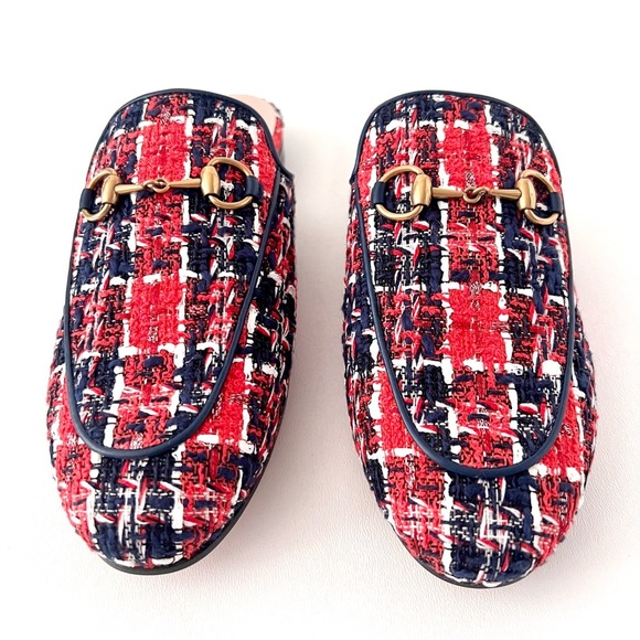 GUCCI || Princetown Red Blue Tweed Horsebit Loafer Mule Slipper Flat US 6.5 - Picture 4 of 12
